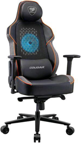 COUGAR 3MARPORB AERO SEDIA GAMING CON RETE ELASTOMETRICA VENTOLA ARGB INTEGRATA DA 200mm CUSCINO TESTA E LOMBARE MAGNETICI REGOLABILE CON BRACCIOLI BASE A 5 RAGGI ECOPELLE PORTATA MAX 160Kg NERO/ARANCIONE
